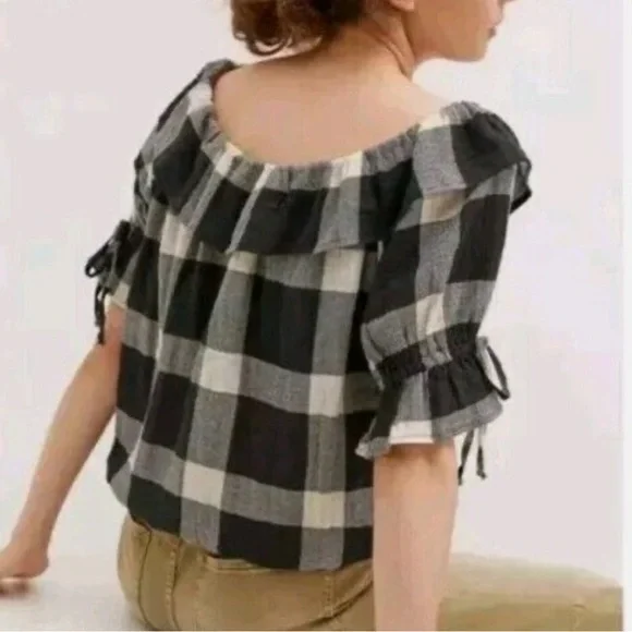 Anthropologie Porridge Ruffle Sleeve Top in Check Print - Picture 3 of 8